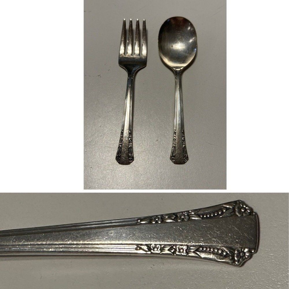 Vtg Elaine Baby Childs Spoon & Fork Set Silver-plate Silverware Eating Nursery